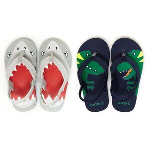 Carters Toddler Boys 2-Pack Flip Flop Sandals Set Size M (7/8) Shark & Dinosaur